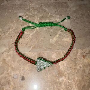 Handmade Christmas Macrame Green Red and Pearl Beaded Tree Bracelet  8”